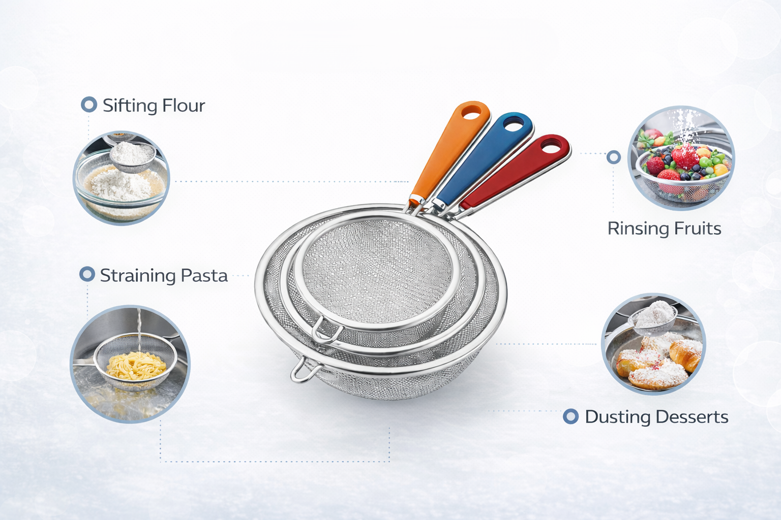 3 Piece Stainless Steel Fine Mesh Strainer Set – Small Kitchen Sieve with Coloured Handle Tea Flour Sauce Strainer Set