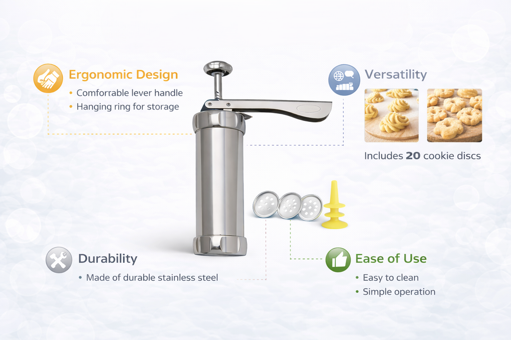 Biscuit and Cookie Maker Press Gun – 20 Cookie Discs 4 Icing Nozzles Stainless Steel Barrel Adjustable Thickness Baking Set