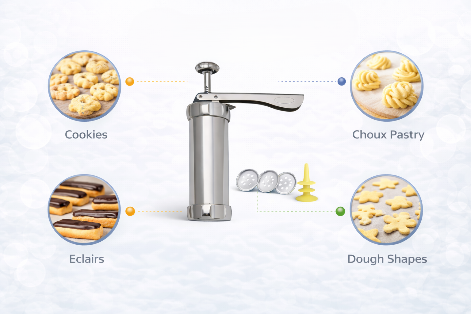 Biscuit and Cookie Maker Press Gun – 20 Cookie Discs 4 Icing Nozzles Stainless Steel Barrel Adjustable Thickness Baking Set