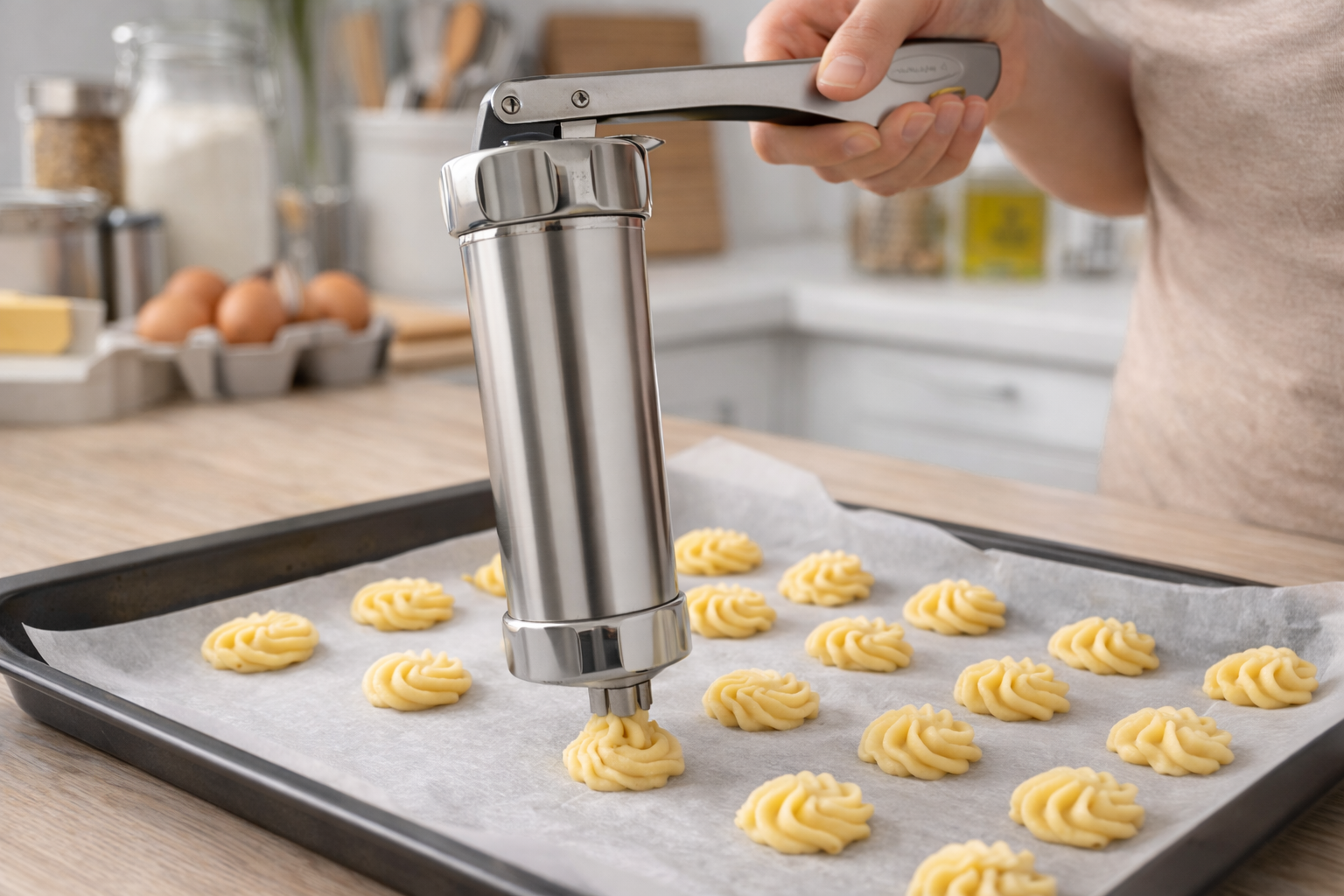 Biscuit and Cookie Maker Press Gun – 20 Cookie Discs 4 Icing Nozzles Stainless Steel Barrel Adjustable Thickness Baking Set