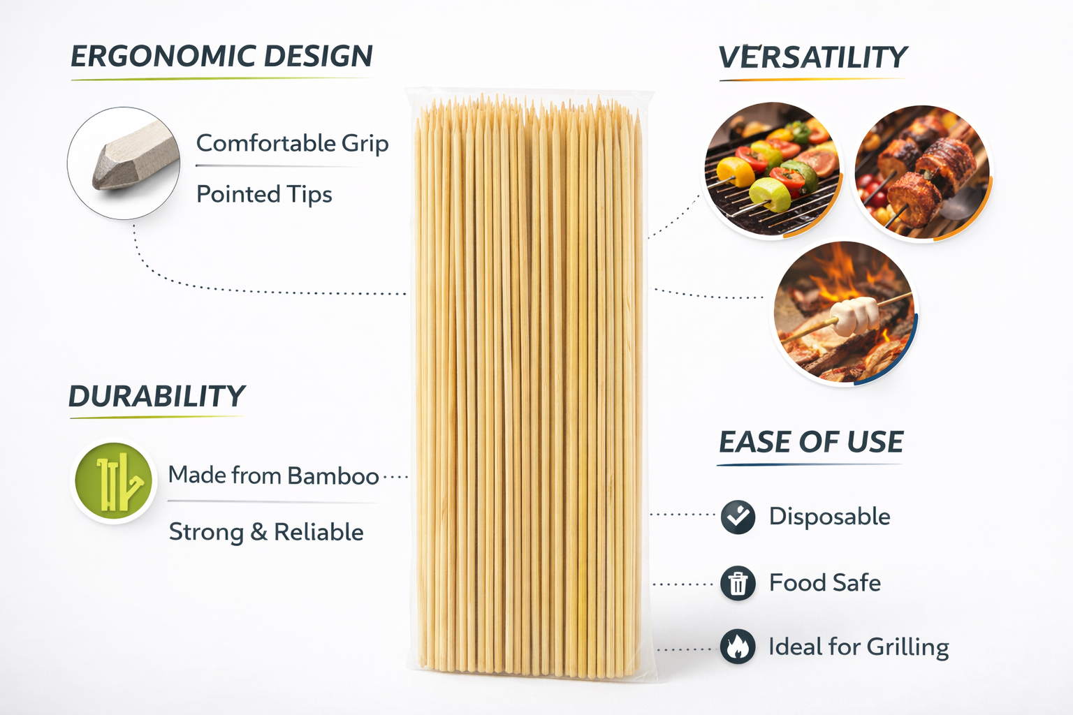 Bamboo Skewers 25cm 150 Pack | Extra Thick | Single Point | Non-Porous | BBQ Oven Party Use