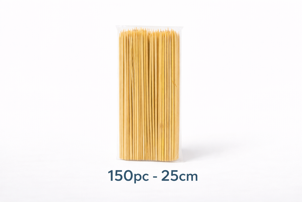 Bamboo Skewers 25cm 150 Pack | Extra Thick | Single Point | Non-Porous | BBQ Oven Party Use