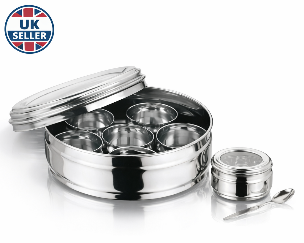Stainless Steel Spice Canister Set 9 Piece – Round Masala Dabba with 7 Spice Bowls Transparent Lid and Spoon Indian Spice Tin