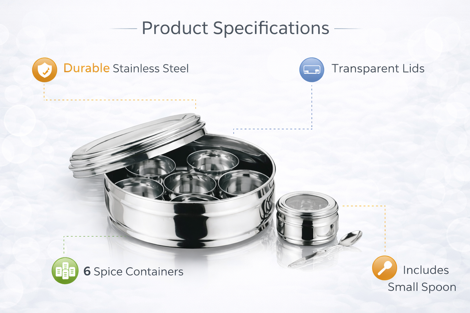 Stainless Steel Spice Canister Set 9 Piece – Round Masala Dabba with 7 Spice Bowls Transparent Lid and Spoon Indian Spice Tin