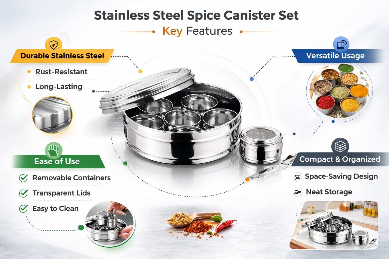 Stainless Steel Spice Canister Set 9 Piece – Round Masala Dabba with 7 Spice Bowls Transparent Lid and Spoon Indian Spice Tin