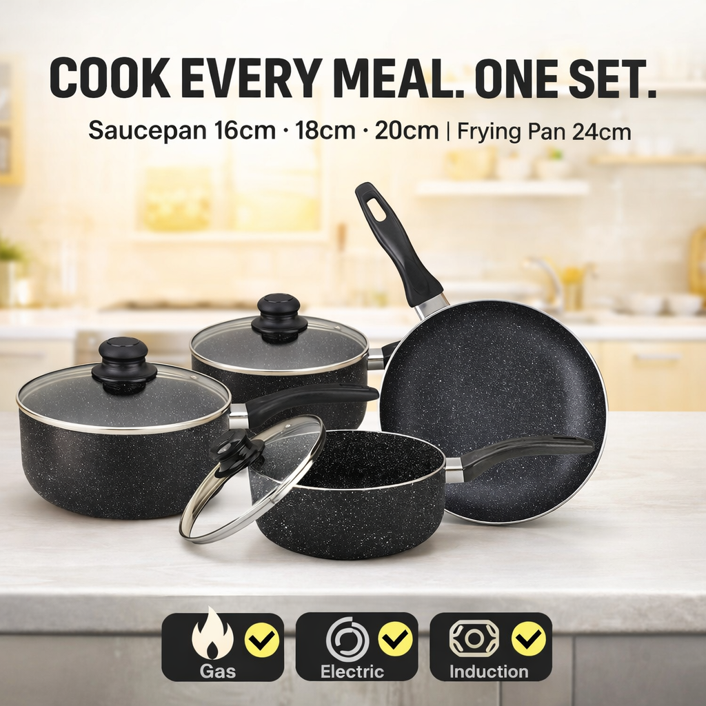 Non-Stick Marble Cookware Set – 7 Piece Complete Kitchen Set | Saucepans 16cm, 18cm, 20cm & 24cm Frying Pan | Gas, Electric & Induction Compatible