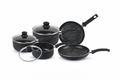 8 Piece Aluminium Cookware Set – Black Marble Effect Non-Stick, Induction Base, 16CM 18CM 20CM Saucepans with Lids, 20CM & 24CM Frying Pans – Matt Black, 2.5MM, Silicone Handles