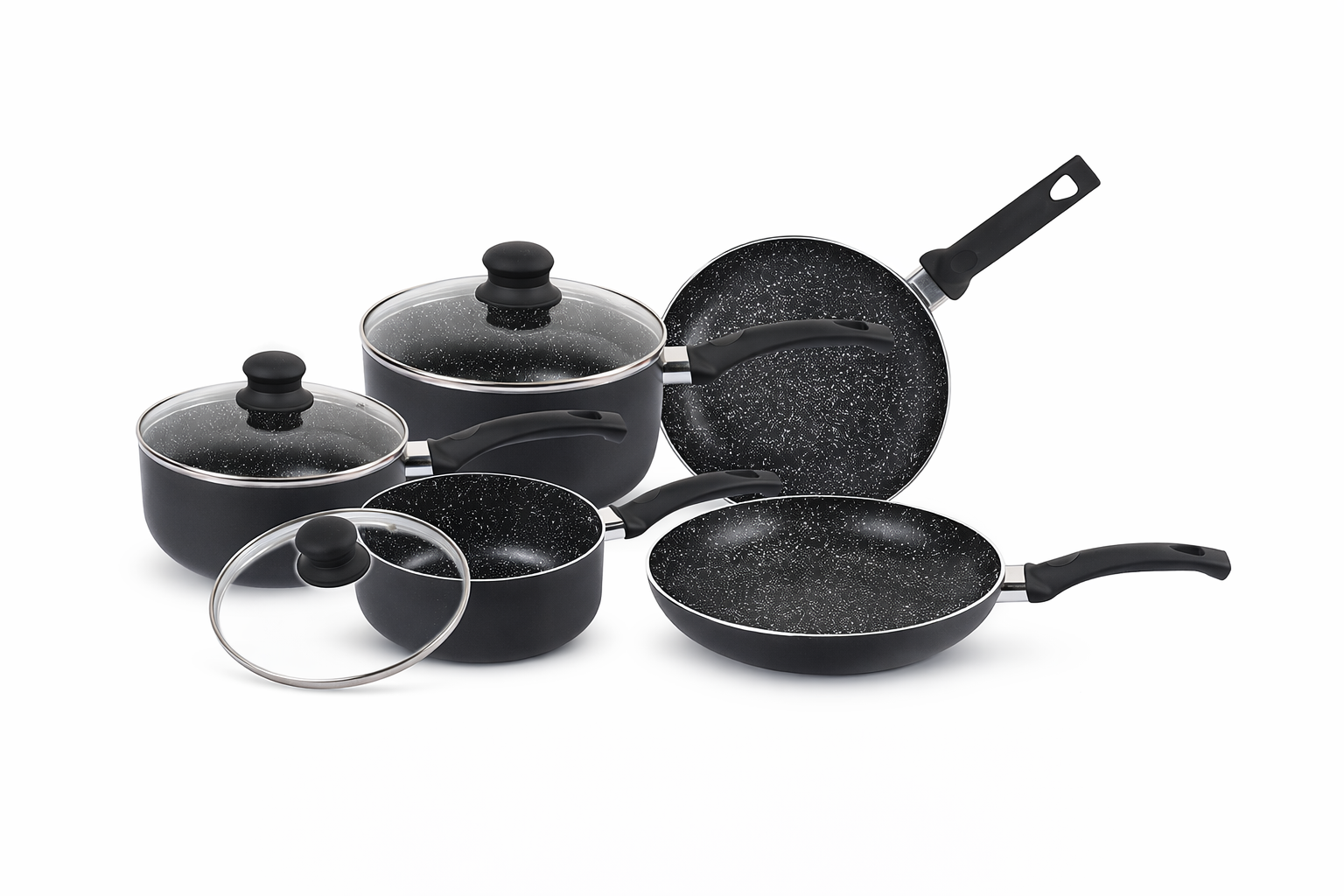 8 Piece Aluminium Cookware Set – Black Marble Effect Non-Stick, Induction Base, 16CM 18CM 20CM Saucepans with Lids, 20CM & 24CM Frying Pans – Matt Black, 2.5MM, Silicone Handles
