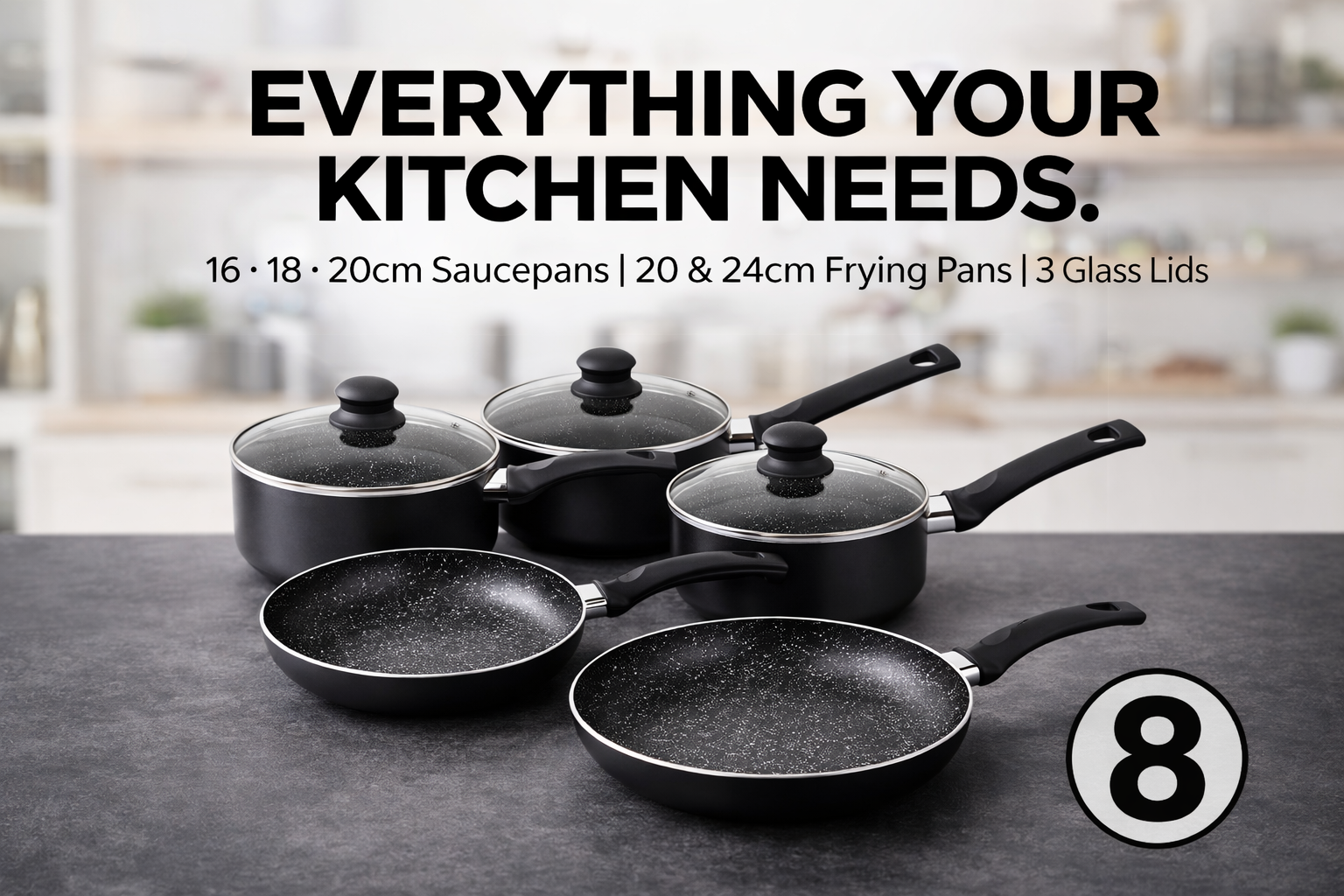8 Piece Aluminium Cookware Set – Black Marble Effect Non-Stick, Induction Base, 16CM 18CM 20CM Saucepans with Lids, 20CM & 24CM Frying Pans – Matt Black, 2.5MM, Silicone Handles