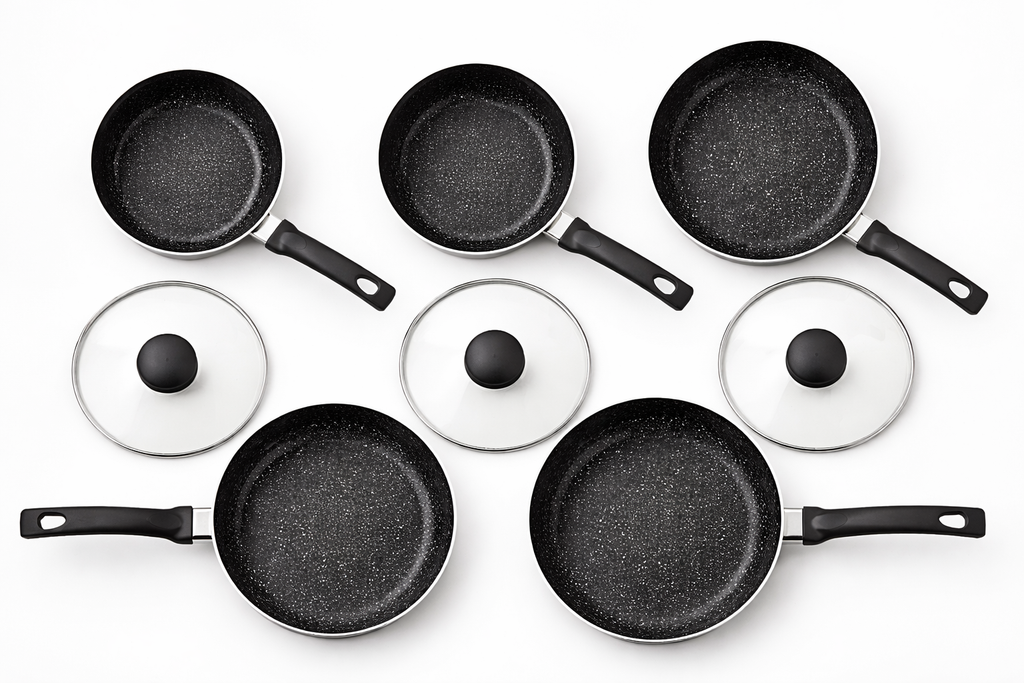 8 Piece Aluminium Cookware Set – Black Marble Effect Non-Stick, Induction Base, 16CM 18CM 20CM Saucepans with Lids, 20CM & 24CM Frying Pans – Matt Black, 2.5MM, Silicone Handles
