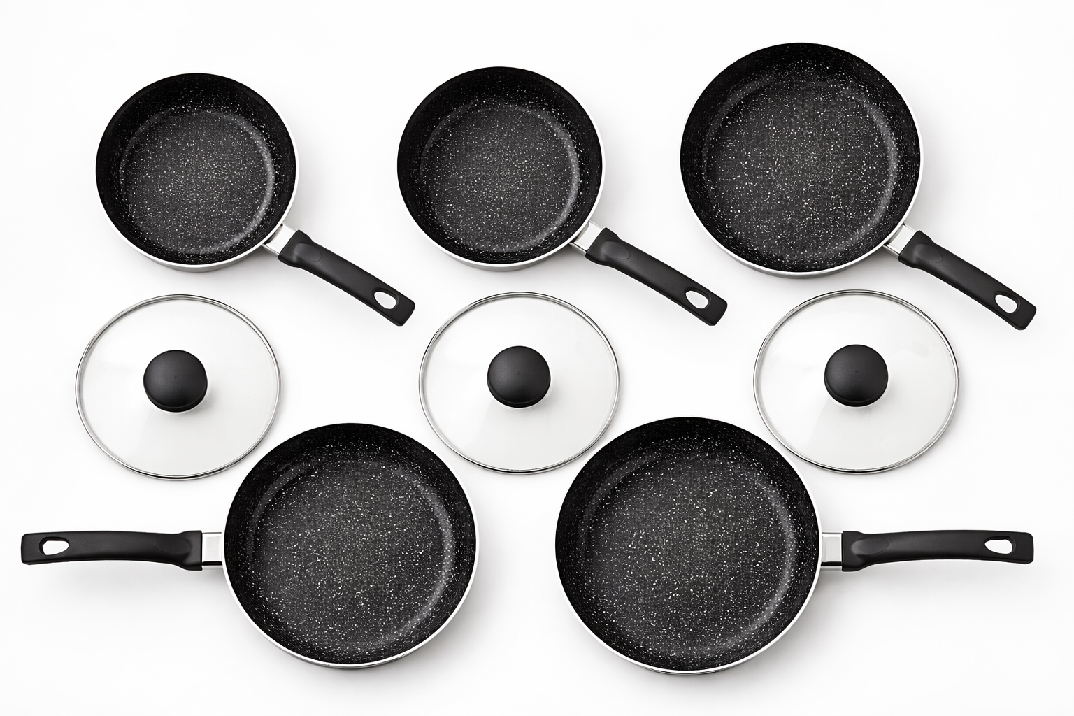 8 Piece Aluminium Cookware Set – Black Marble Effect Non-Stick, Induction Base, 16CM 18CM 20CM Saucepans with Lids, 20CM & 24CM Frying Pans – Matt Black, 2.5MM, Silicone Handles