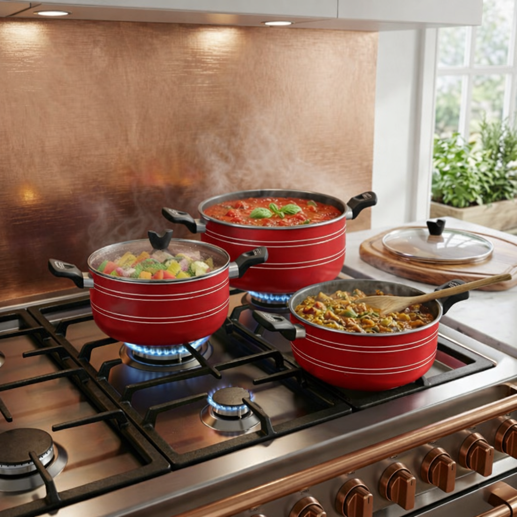 10 Piece Non-Stick Casserole Pot Set 20CM–28CM – 5 Graduated Deep Pots with Heat-Resistant Glass Lids & Stay-Cool Handles – Available in Red, Grey, Black & Blue – Gas & Electric Hob