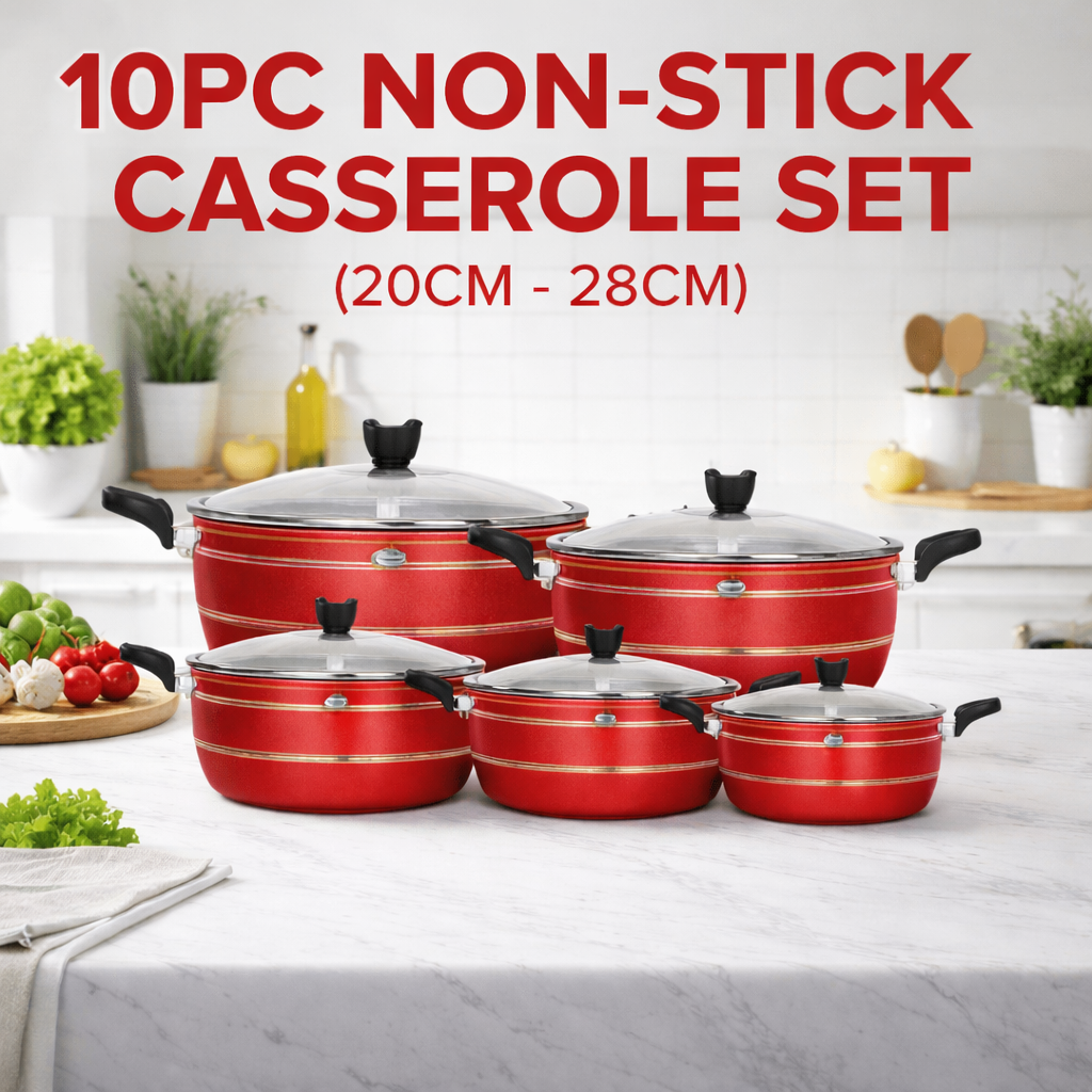 10 Piece Non-Stick Casserole Pot Set 20CM–28CM – 5 Graduated Deep Pots with Heat-Resistant Glass Lids & Stay-Cool Handles – Available in Red, Grey, Black & Blue – Gas & Electric Hob