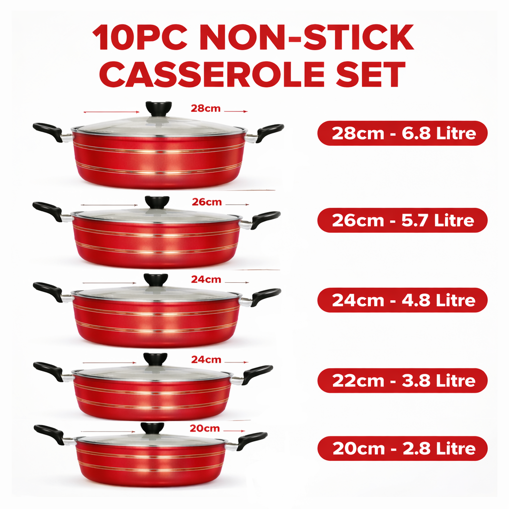 10 Piece Non-Stick Casserole Pot Set 20CM–28CM – 5 Graduated Deep Pots with Heat-Resistant Glass Lids & Stay-Cool Handles – Available in Red, Grey, Black & Blue – Gas & Electric Hob