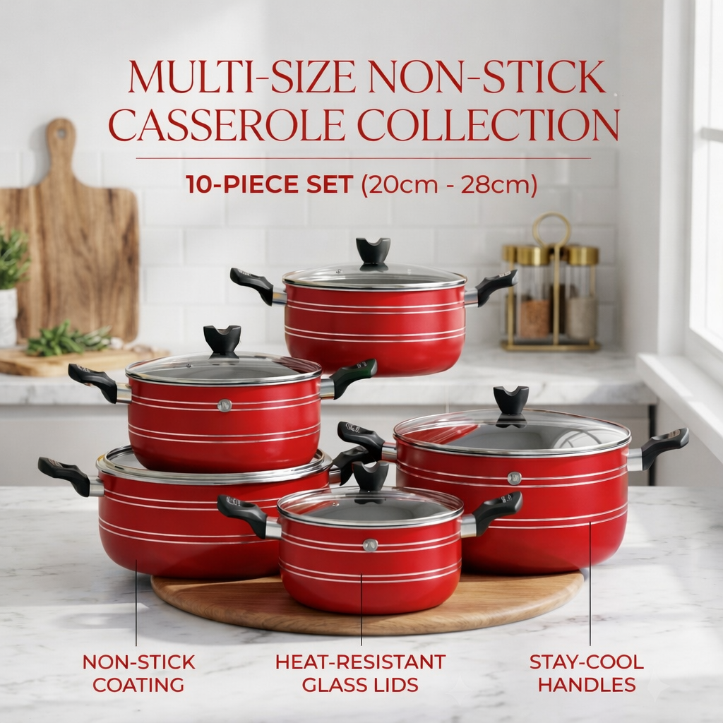 10 Piece Non-Stick Casserole Pot Set 20CM–28CM – 5 Graduated Deep Pots with Heat-Resistant Glass Lids & Stay-Cool Handles – Available in Red, Grey, Black & Blue – Gas & Electric Hob