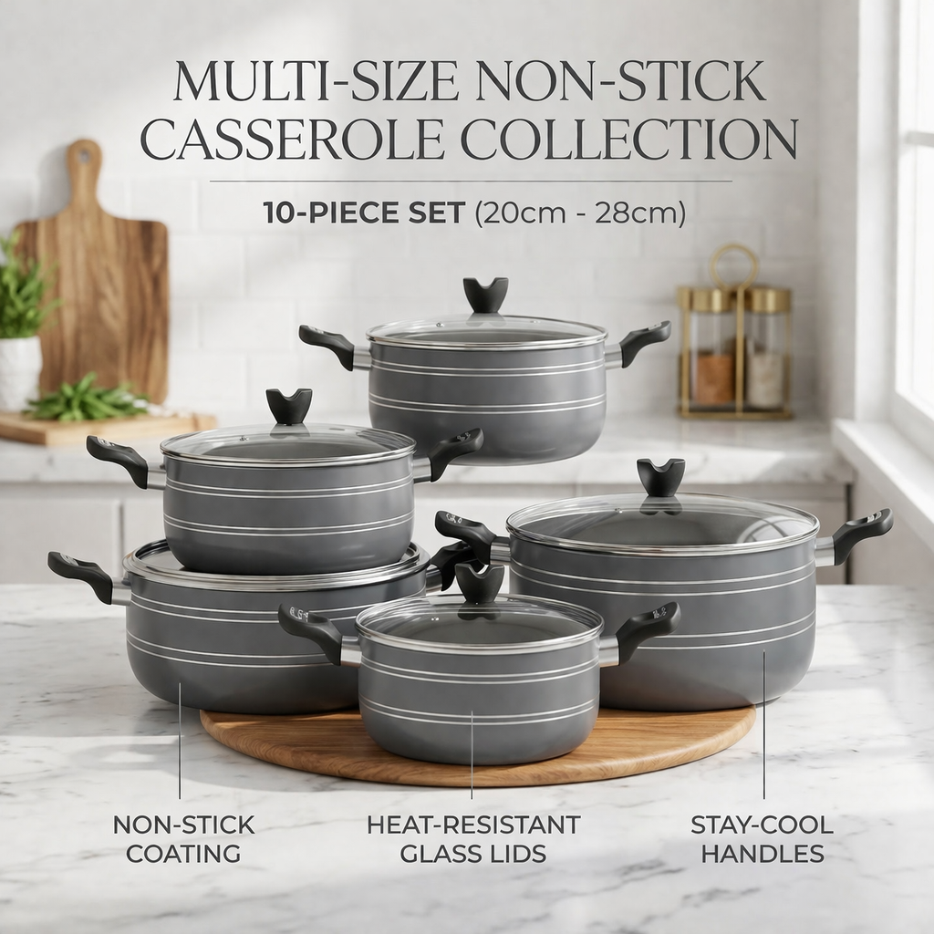 10 Piece Non-Stick Casserole Pot Set 20CM–28CM – 5 Graduated Deep Pots with Heat-Resistant Glass Lids & Stay-Cool Handles – Available in Red, Grey, Black & Blue – Gas & Electric Hob