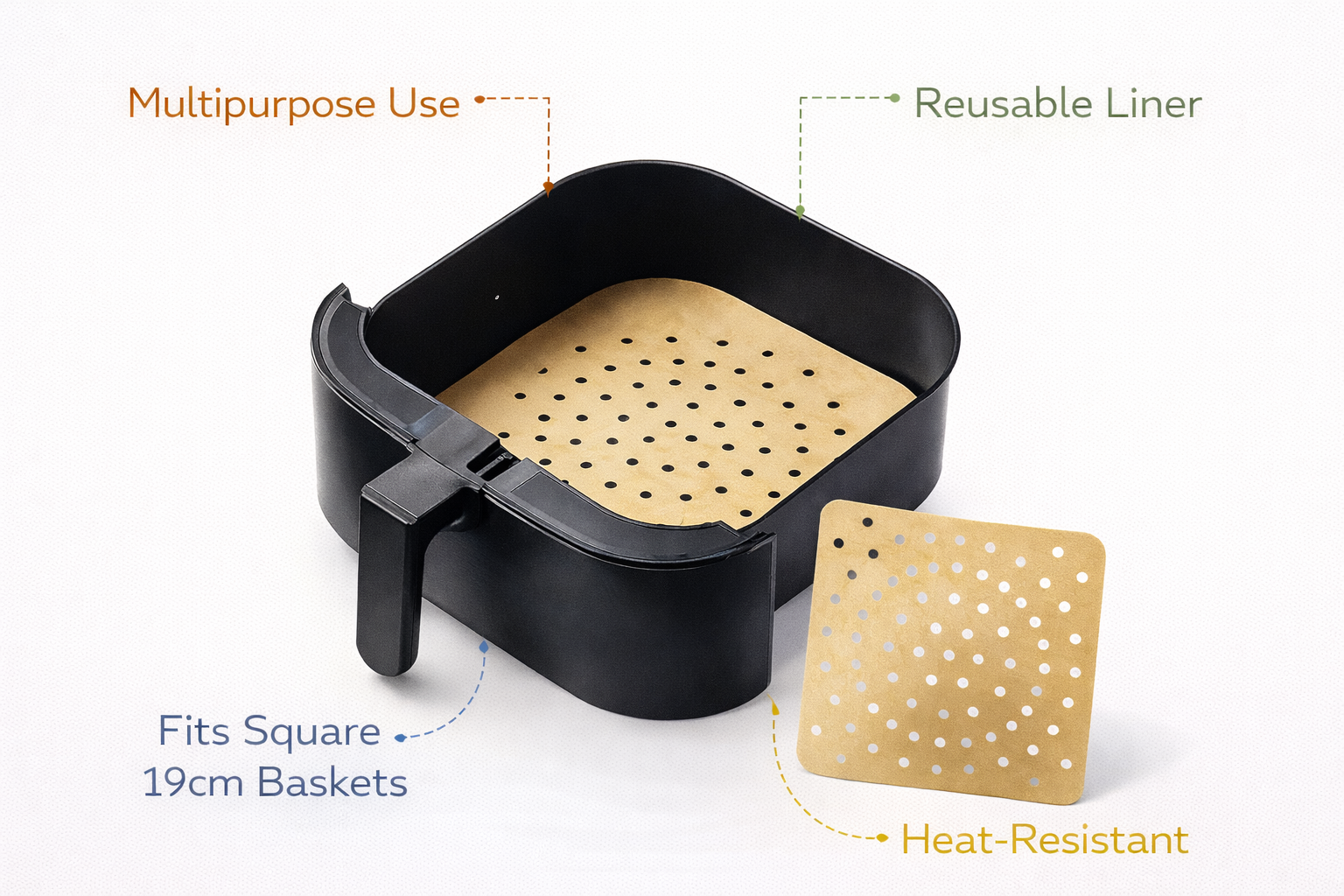 Reusable Non-Stick Air Fryer Liner PTFE – Square or Rectangle Perforated Basket Mat 19cm 21.5cm Square or 21x14cm Rectangle