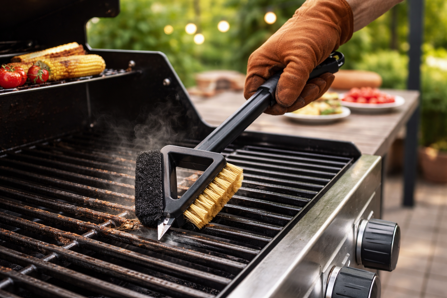 15 Inch Bronze Wire BBQ Grill Brush with Scraper & Sponge Pad – Long Handle Cleaning Brush for Barbecue Grates