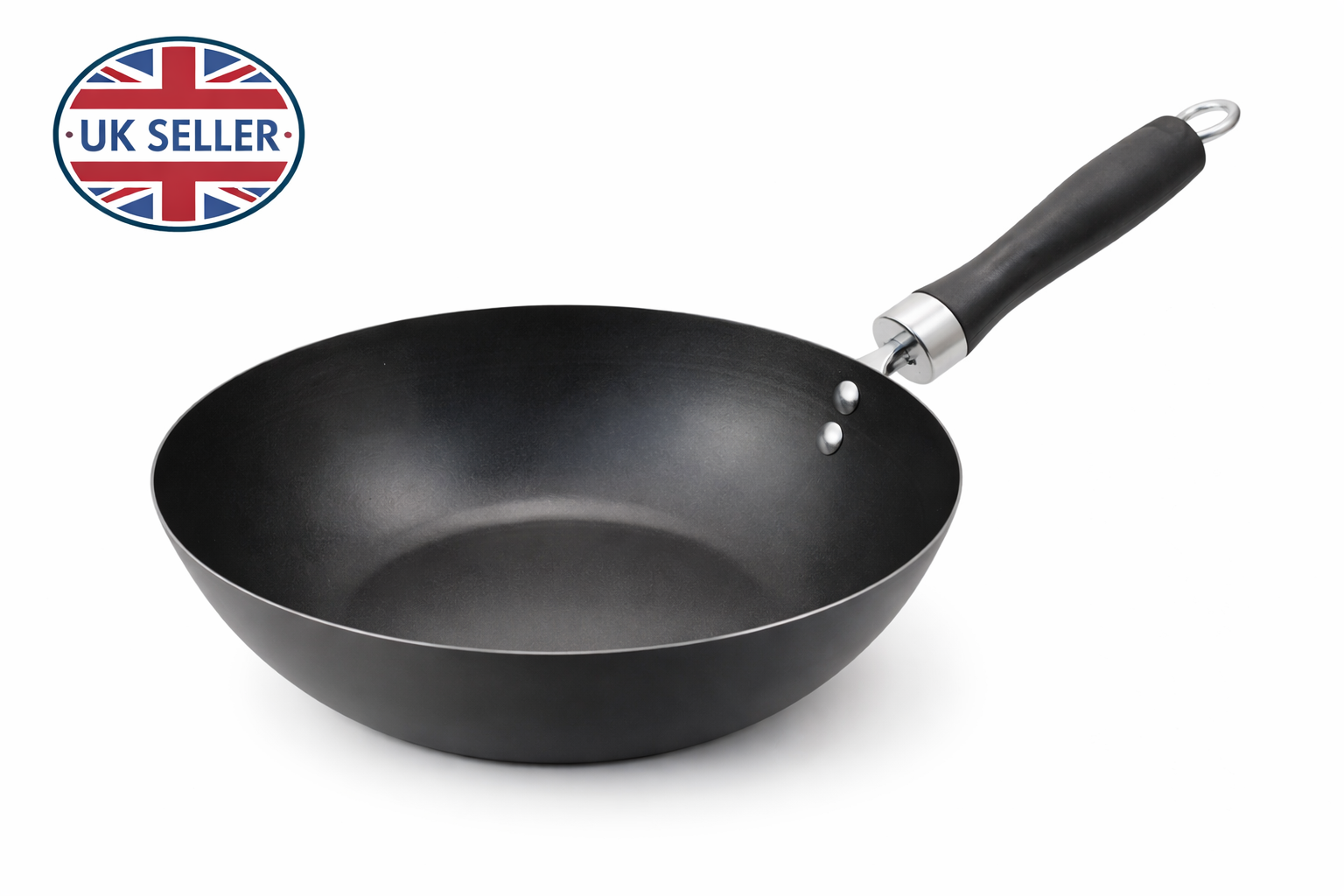 24cm Non-Stick Carbon Steel Wok with Bakelite Handle – Lightweight Deep Fry Pan for Gas & Electric Hob Cooking