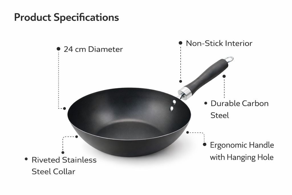 24cm Non-Stick Carbon Steel Wok with Bakelite Handle – Lightweight Deep Fry Pan for Gas & Electric Hob Cooking