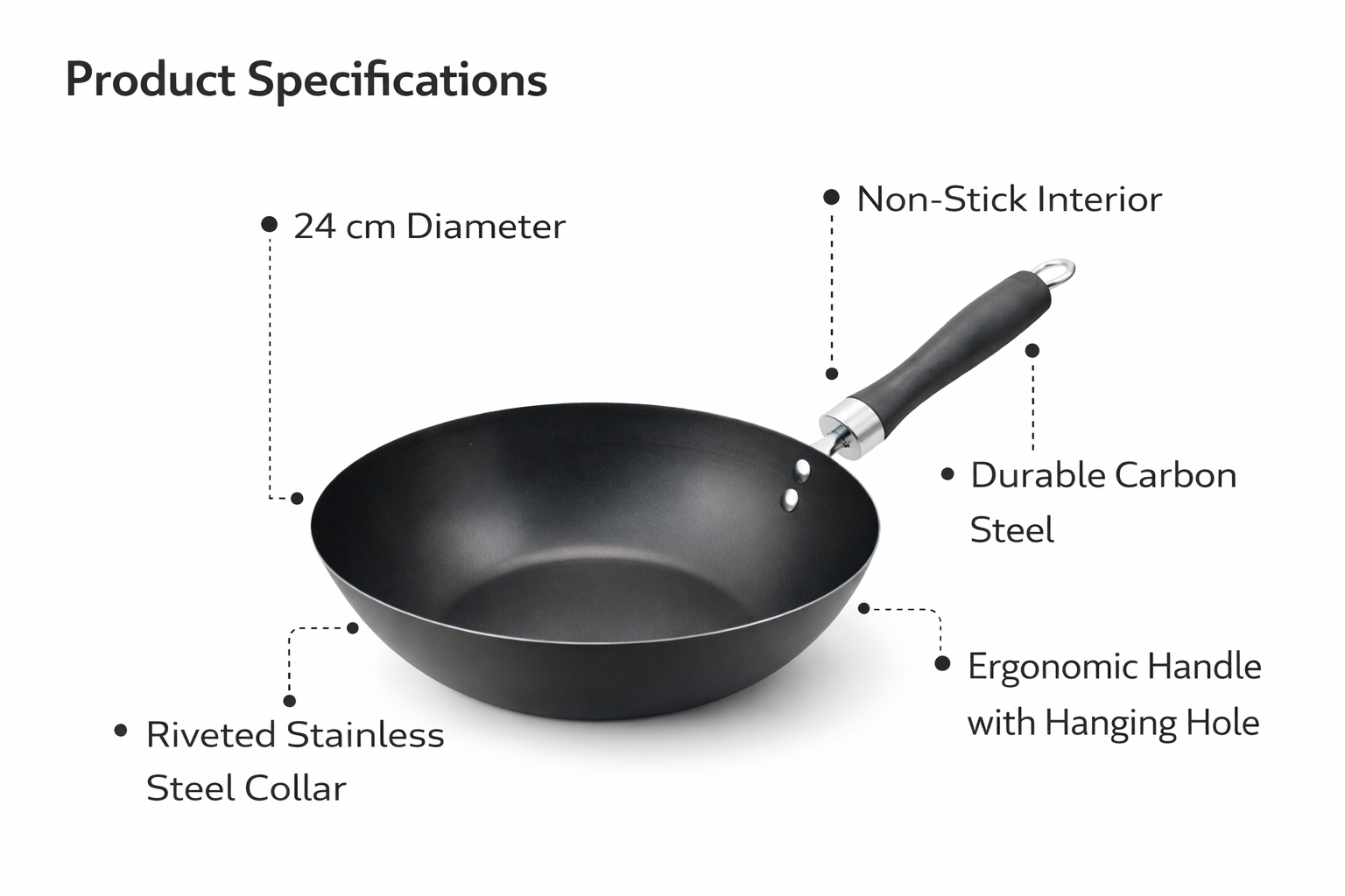24cm Non-Stick Carbon Steel Wok with Bakelite Handle – Lightweight Deep Fry Pan for Gas & Electric Hob Cooking