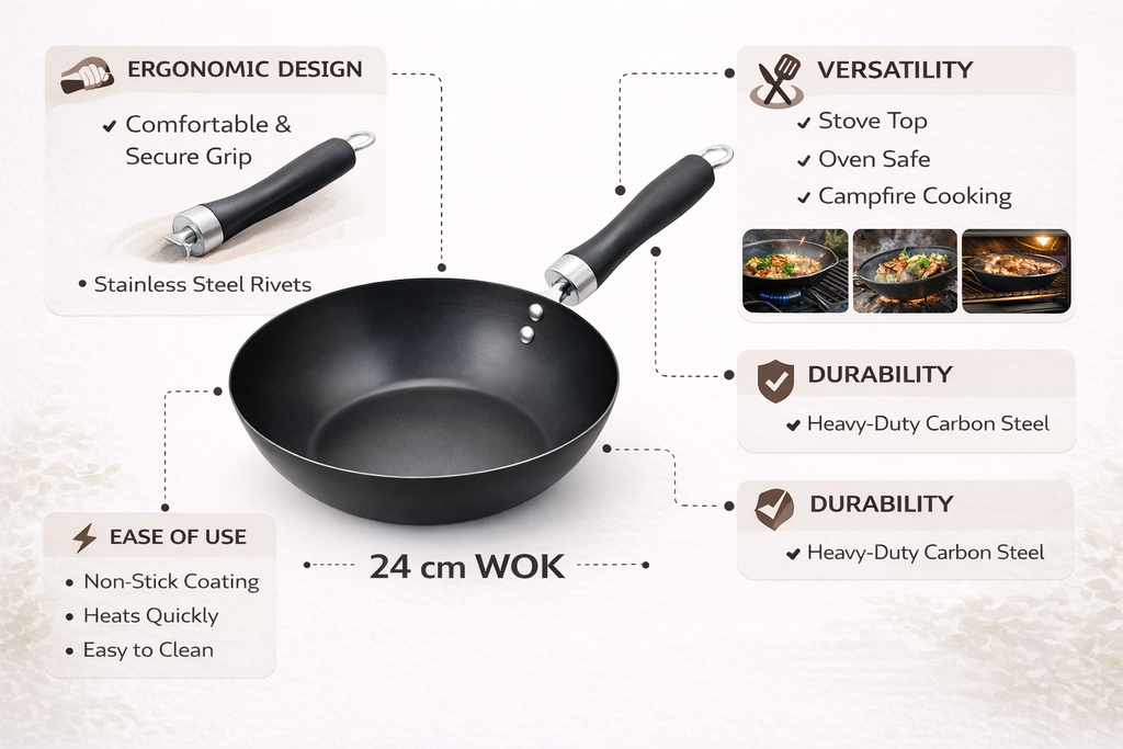 24cm Non-Stick Carbon Steel Wok with Bakelite Handle – Lightweight Deep Fry Pan for Gas & Electric Hob Cooking