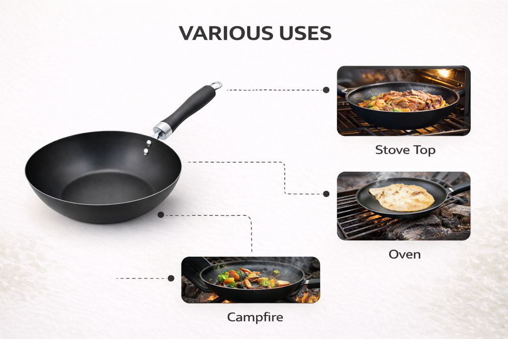 24cm Non-Stick Carbon Steel Wok with Bakelite Handle – Lightweight Deep Fry Pan for Gas & Electric Hob Cooking