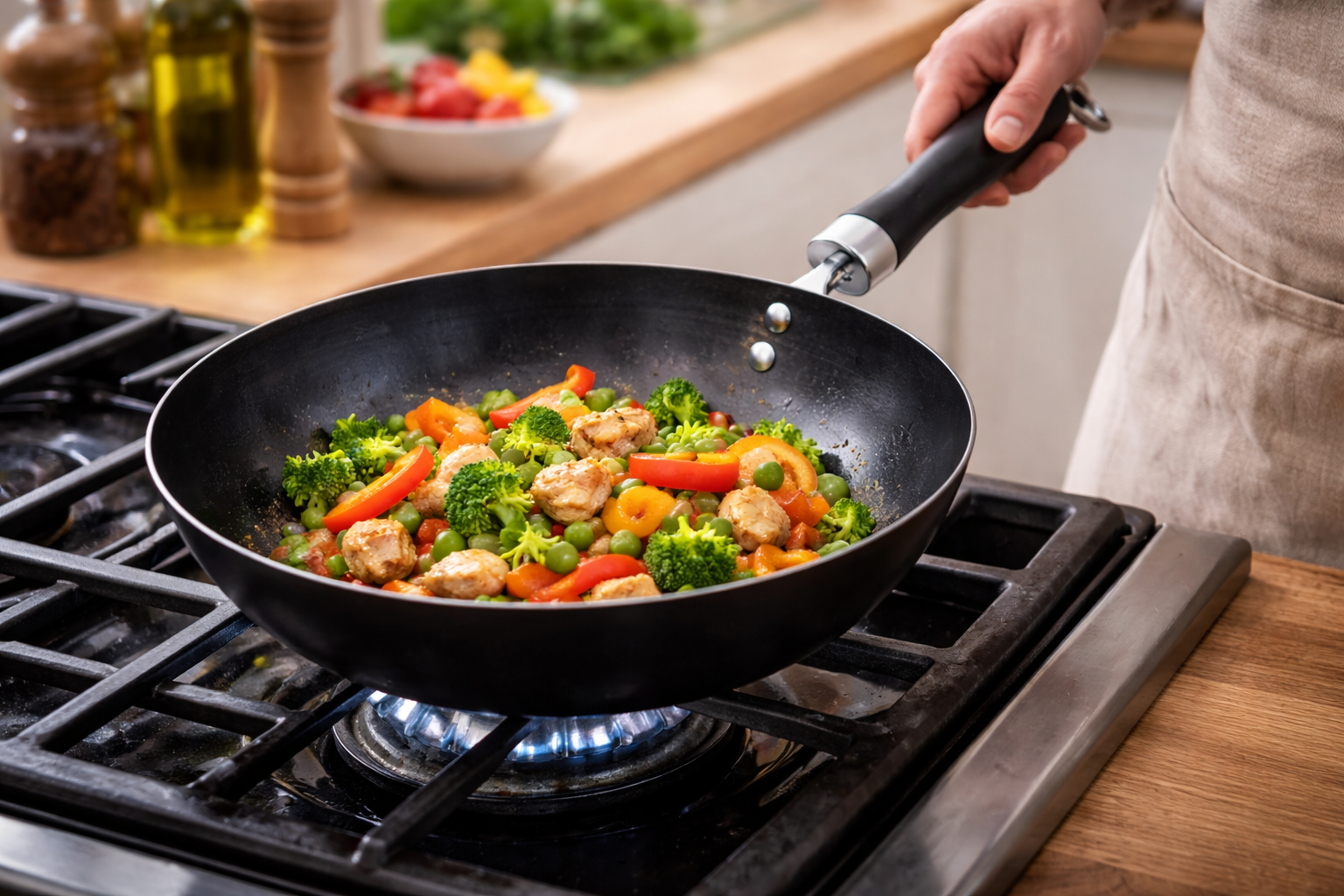 24cm Non-Stick Carbon Steel Wok with Bakelite Handle – Lightweight Deep Fry Pan for Gas & Electric Hob Cooking