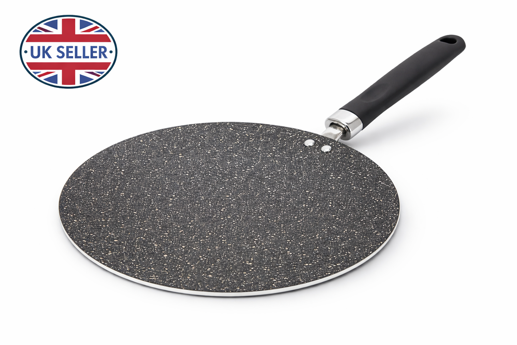 26cm & 30cm Marble Effect Non-Stick Tawa Crepe Pan – Reinforced Aluminium Concave Griddle with Stay-Cool Handle