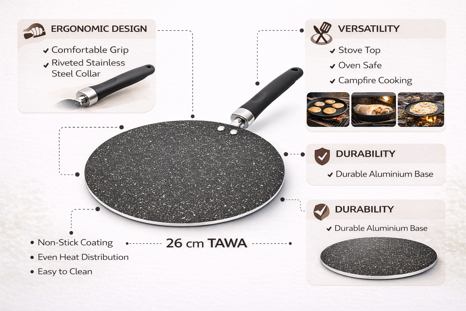 26cm & 30cm Marble Effect Non-Stick Tawa Crepe Pan – Reinforced Aluminium Concave Griddle with Stay-Cool Handle