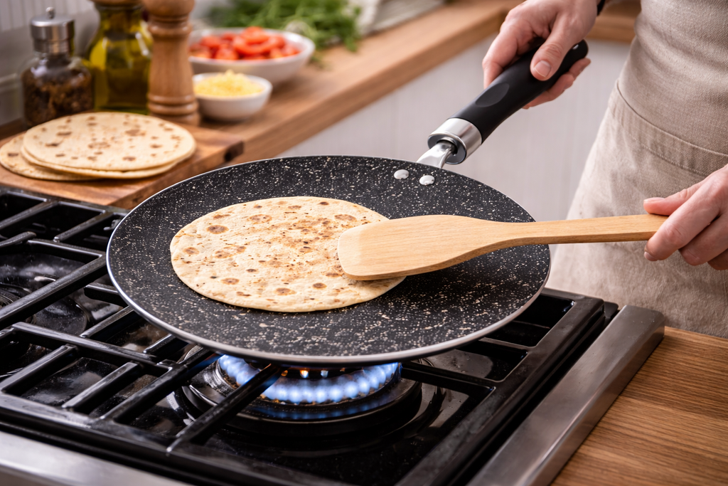 26cm & 30cm Marble Effect Non-Stick Tawa Crepe Pan – Reinforced Aluminium Concave Griddle with Stay-Cool Handle