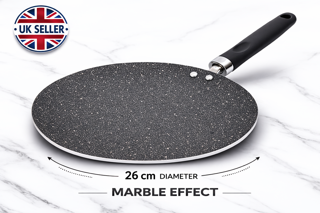 26cm & 30cm Marble Effect Non-Stick Tawa Crepe Pan – Reinforced Aluminium Concave Griddle with Stay-Cool Handle