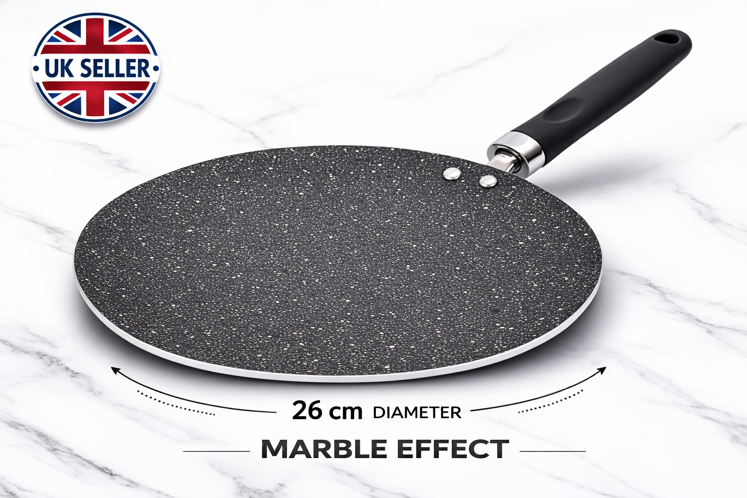 26cm & 30cm Marble Effect Non-Stick Tawa Crepe Pan – Reinforced Aluminium Concave Griddle with Stay-Cool Handle