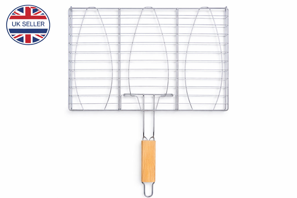 3 Fish BBQ Grill Basket with Wooden Handle – 11x11 Inch Stainless Wire Basket for Whole Fish & Vegetables