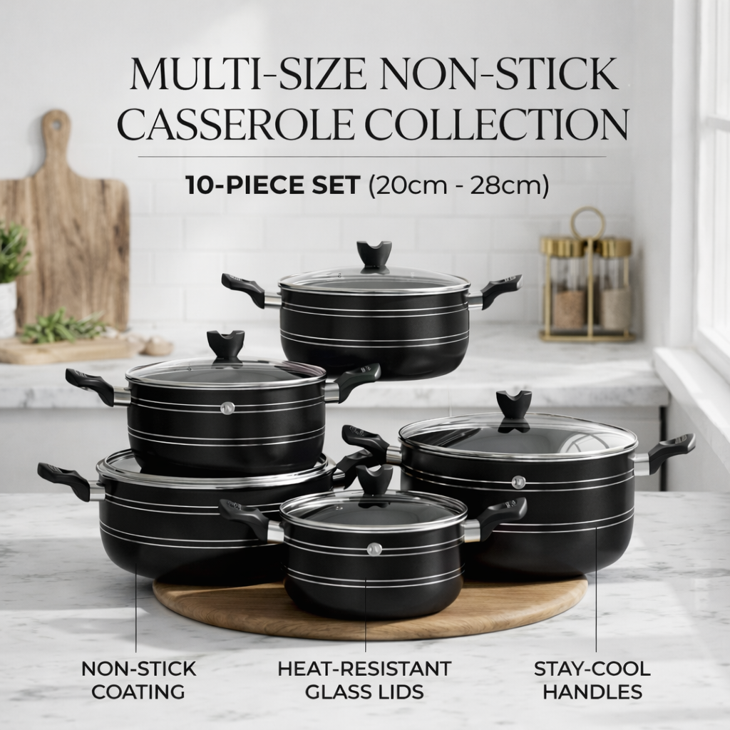 10 Piece Non-Stick Casserole Pot Set 20CM–28CM – 5 Graduated Deep Pots with Heat-Resistant Glass Lids & Stay-Cool Handles – Available in Red, Grey, Black & Blue – Gas & Electric Hob