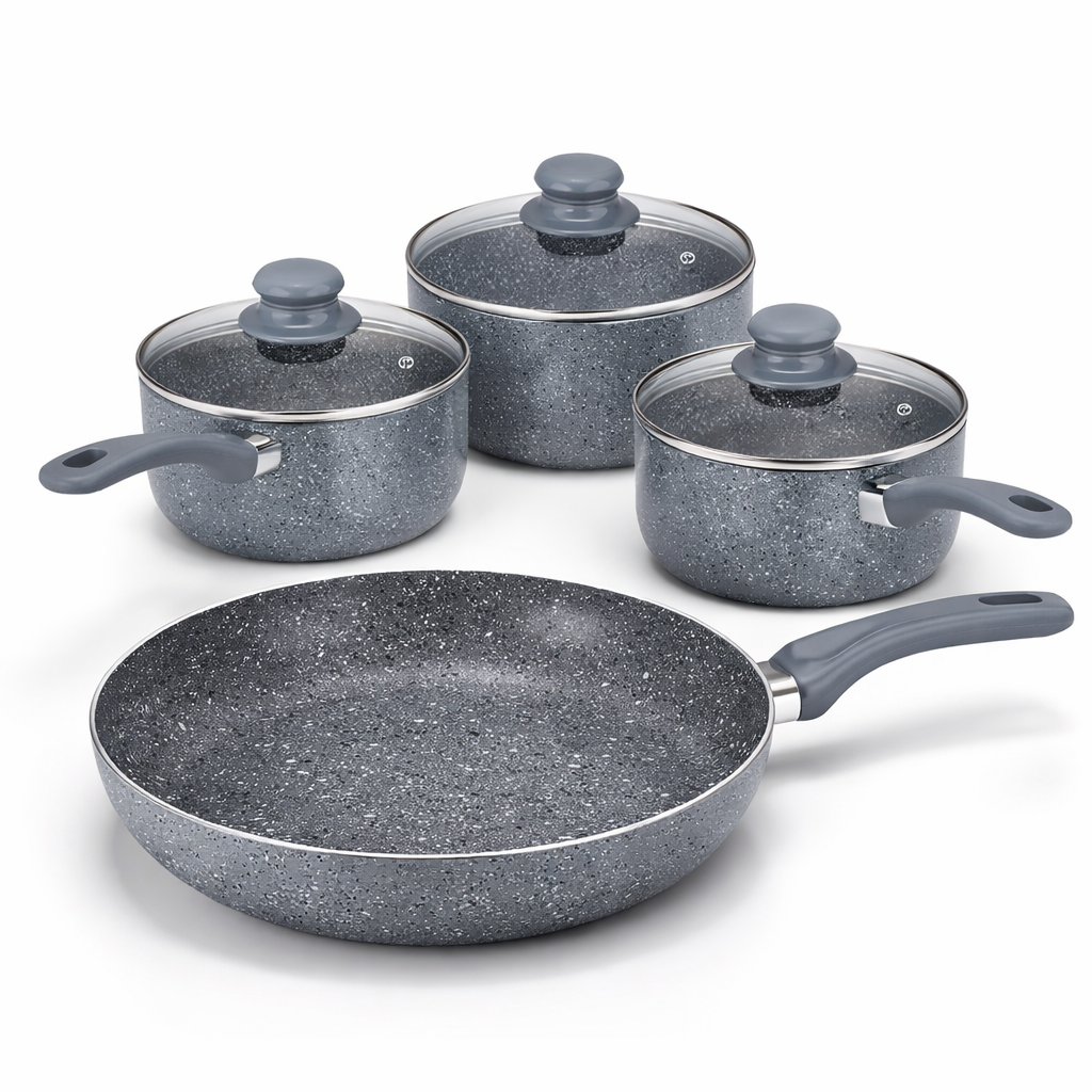 7 Piece Grey Marble Effect Non-Stick Cookware Set – 2.5MM Thick, Induction Base, 3 Saucepans with Glass Lids & Frying Pan – Soft Grey Handles – All Hob Types – Complete Kitchen Pan Set