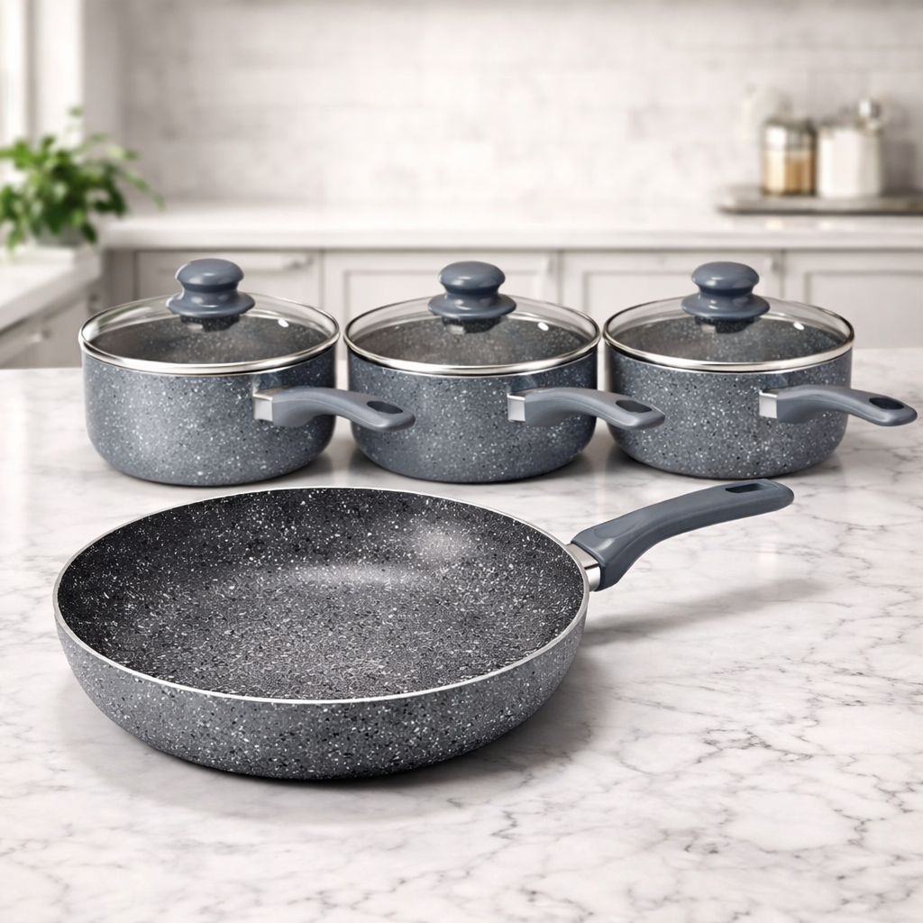 7 Piece Grey Marble Effect Non-Stick Cookware Set – 2.5MM Thick, Induction Base, 3 Saucepans with Glass Lids & Frying Pan – Soft Grey Handles – All Hob Types – Complete Kitchen Pan Set