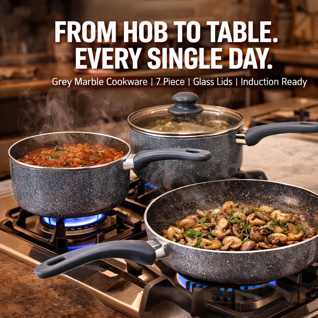 7 Piece Grey Marble Effect Non-Stick Cookware Set – 2.5MM Thick, Induction Base, 3 Saucepans with Glass Lids & Frying Pan – Soft Grey Handles – All Hob Types – Complete Kitchen Pan Set