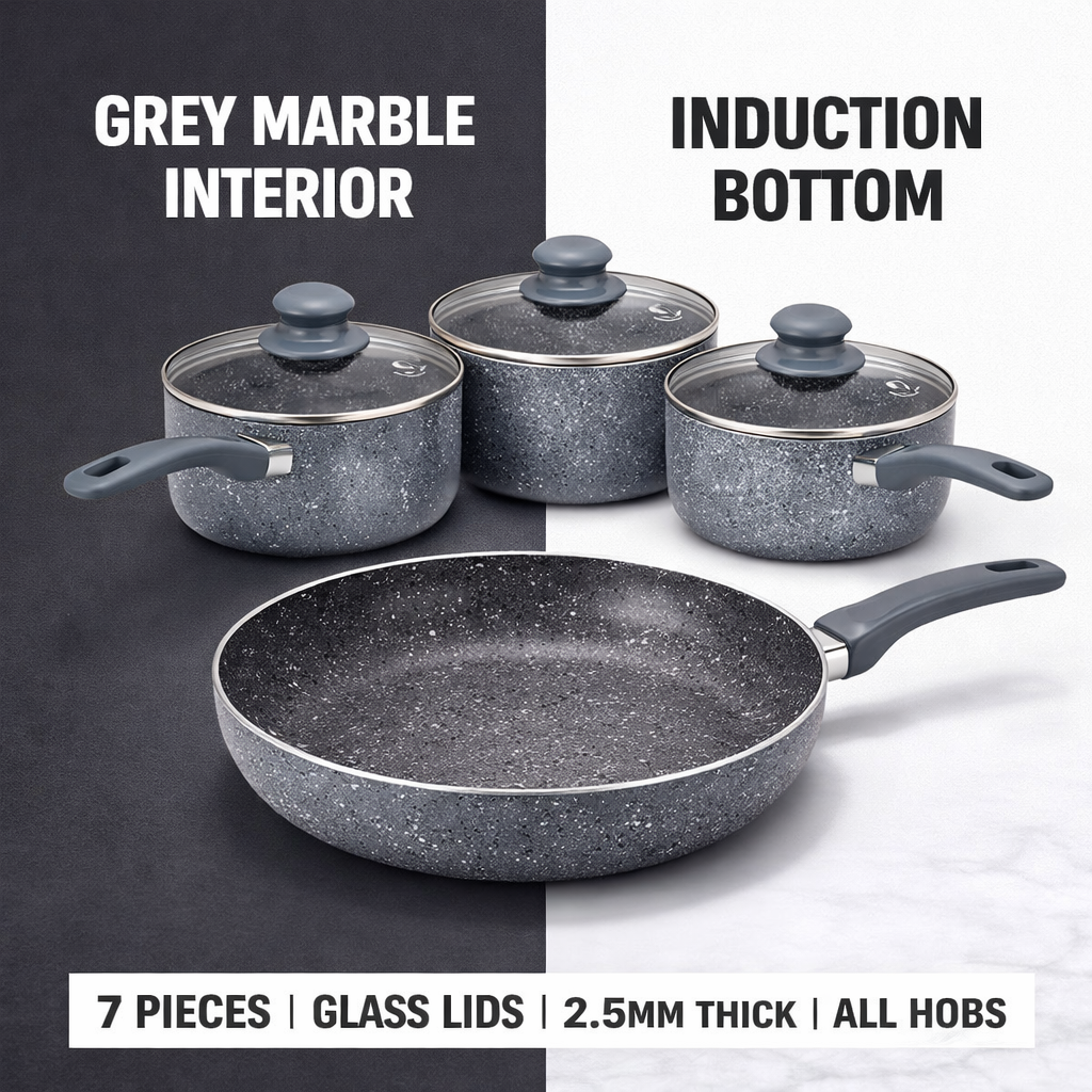 7 Piece Grey Marble Effect Non-Stick Cookware Set – 2.5MM Thick, Induction Base, 3 Saucepans with Glass Lids & Frying Pan – Soft Grey Handles – All Hob Types – Complete Kitchen Pan Set