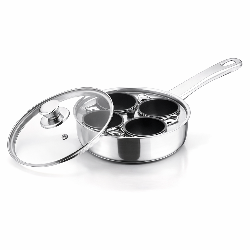 18CM Stainless Steel Egg Poacher Pan with 4 Non-Stick Inserts & Glass Lid – Removable Cup Tray, Steam Vent, Single Handle – Perfect Poached Eggs Every Time – Gas & Electric Hob
