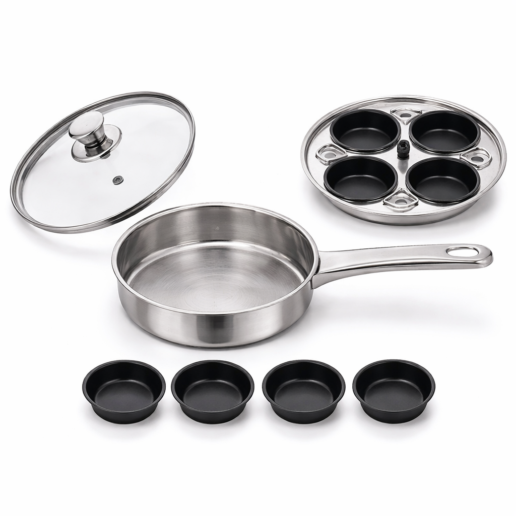 18CM Stainless Steel Egg Poacher Pan with 4 Non-Stick Inserts & Glass Lid – Removable Cup Tray, Steam Vent, Single Handle – Perfect Poached Eggs Every Time – Gas & Electric Hob