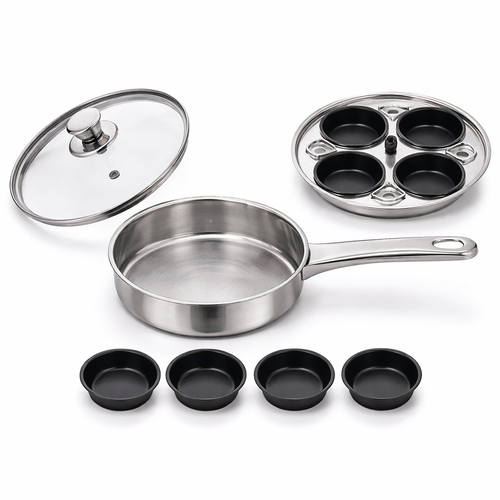18CM Stainless Steel Egg Poacher Pan with 4 Non-Stick Inserts & Glass Lid – Removable Cup Tray, Steam Vent, Single Handle – Perfect Poached Eggs Every Time – Gas & Electric Hob