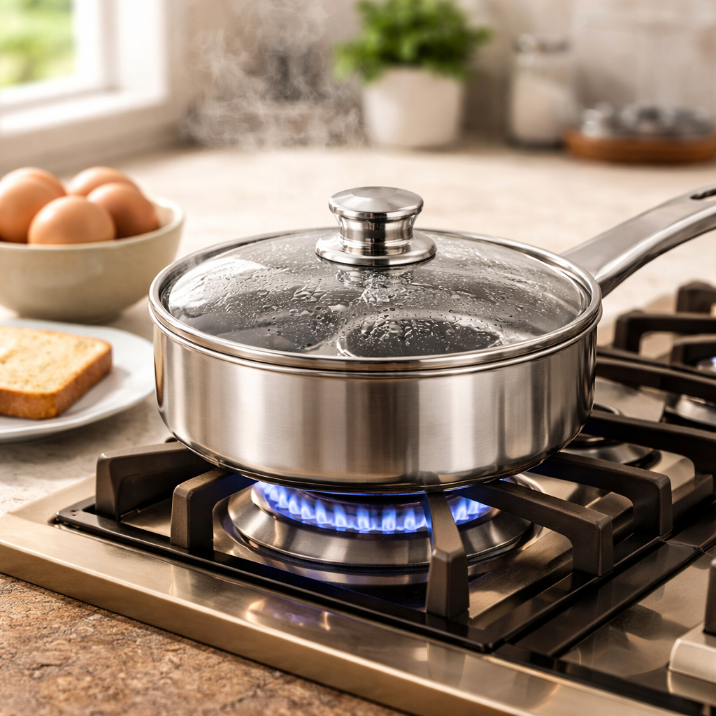 18CM Stainless Steel Egg Poacher Pan with 4 Non-Stick Inserts & Glass Lid – Removable Cup Tray, Steam Vent, Single Handle – Perfect Poached Eggs Every Time – Gas & Electric Hob