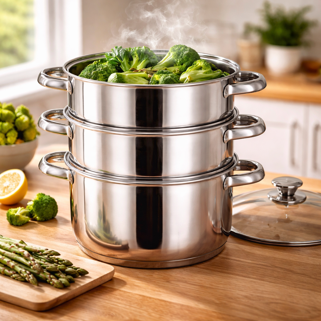 3 Tier Stainless Steel Steamer Pot Set with Glass Lid & Steam Vent – Multi-Layer Healthy Cooking, Mirror Polished, Dual Loop Handles – Steam Vegetables, Fish, Dumplings & Rice – All Hobs