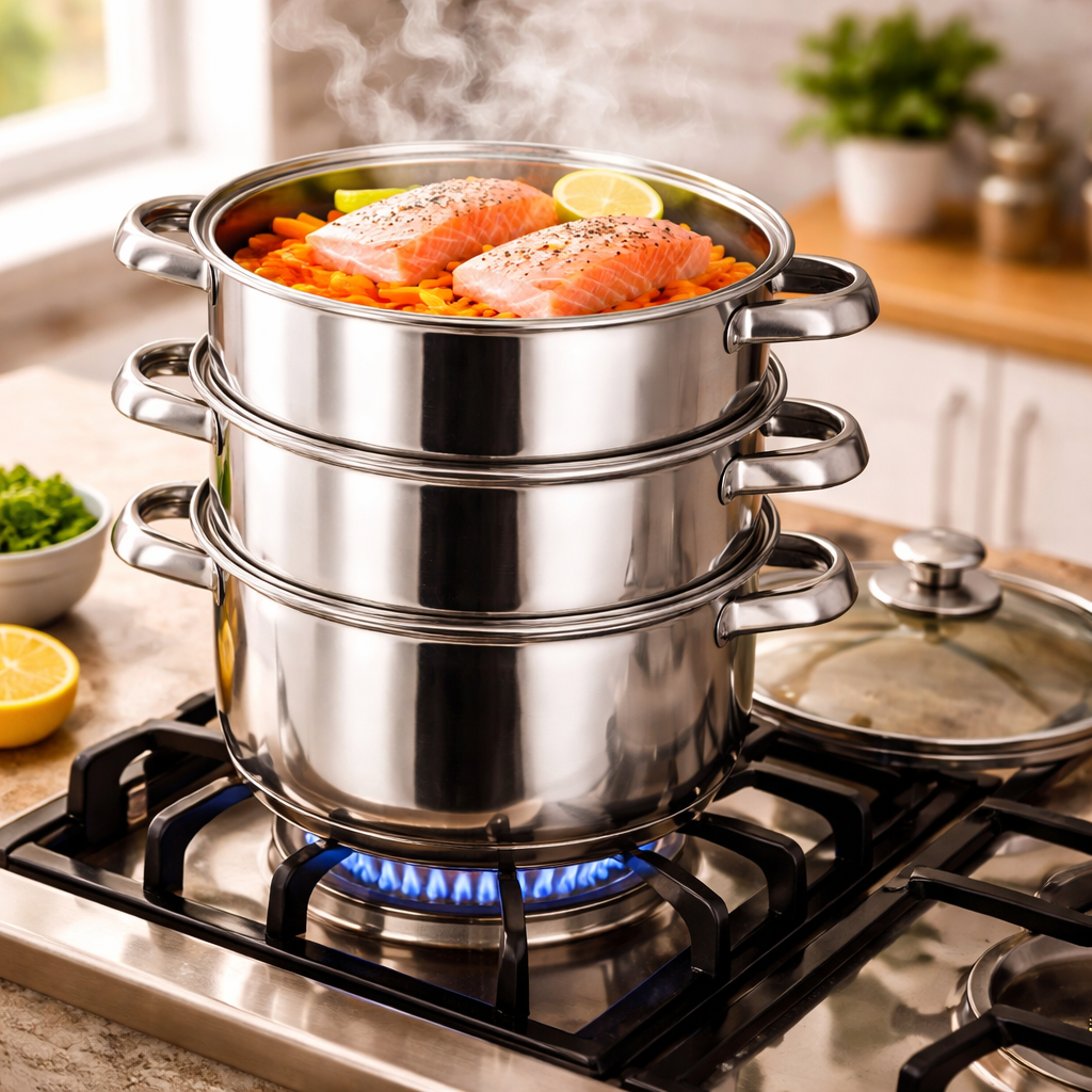 3 Tier Stainless Steel Steamer Pot Set with Glass Lid & Steam Vent – Multi-Layer Healthy Cooking, Mirror Polished, Dual Loop Handles – Steam Vegetables, Fish, Dumplings & Rice – All Hobs