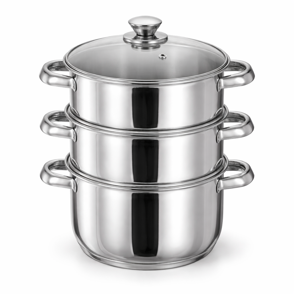 3 Tier Stainless Steel Steamer Pot Set with Glass Lid & Steam Vent – Multi-Layer Healthy Cooking, Mirror Polished, Dual Loop Handles – Steam Vegetables, Fish, Dumplings & Rice – All Hobs