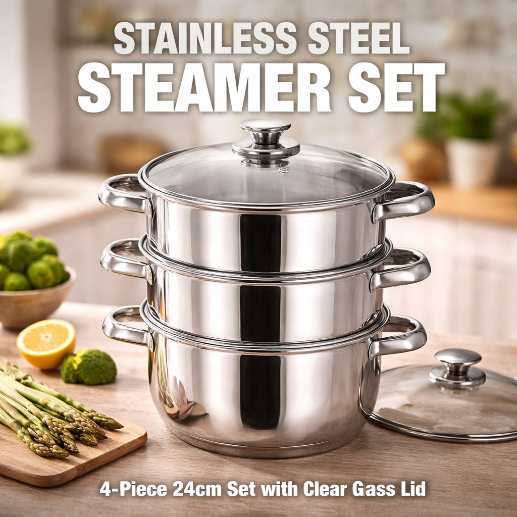 3 Tier Stainless Steel Steamer Pot Set with Glass Lid & Steam Vent – Multi-Layer Healthy Cooking, Mirror Polished, Dual Loop Handles – Steam Vegetables, Fish, Dumplings & Rice – All Hobs