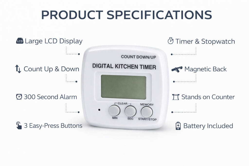 Digital Kitchen Timer with Count Down & Count Up – LCD Display Memory Function Timer for Cooking & Baking