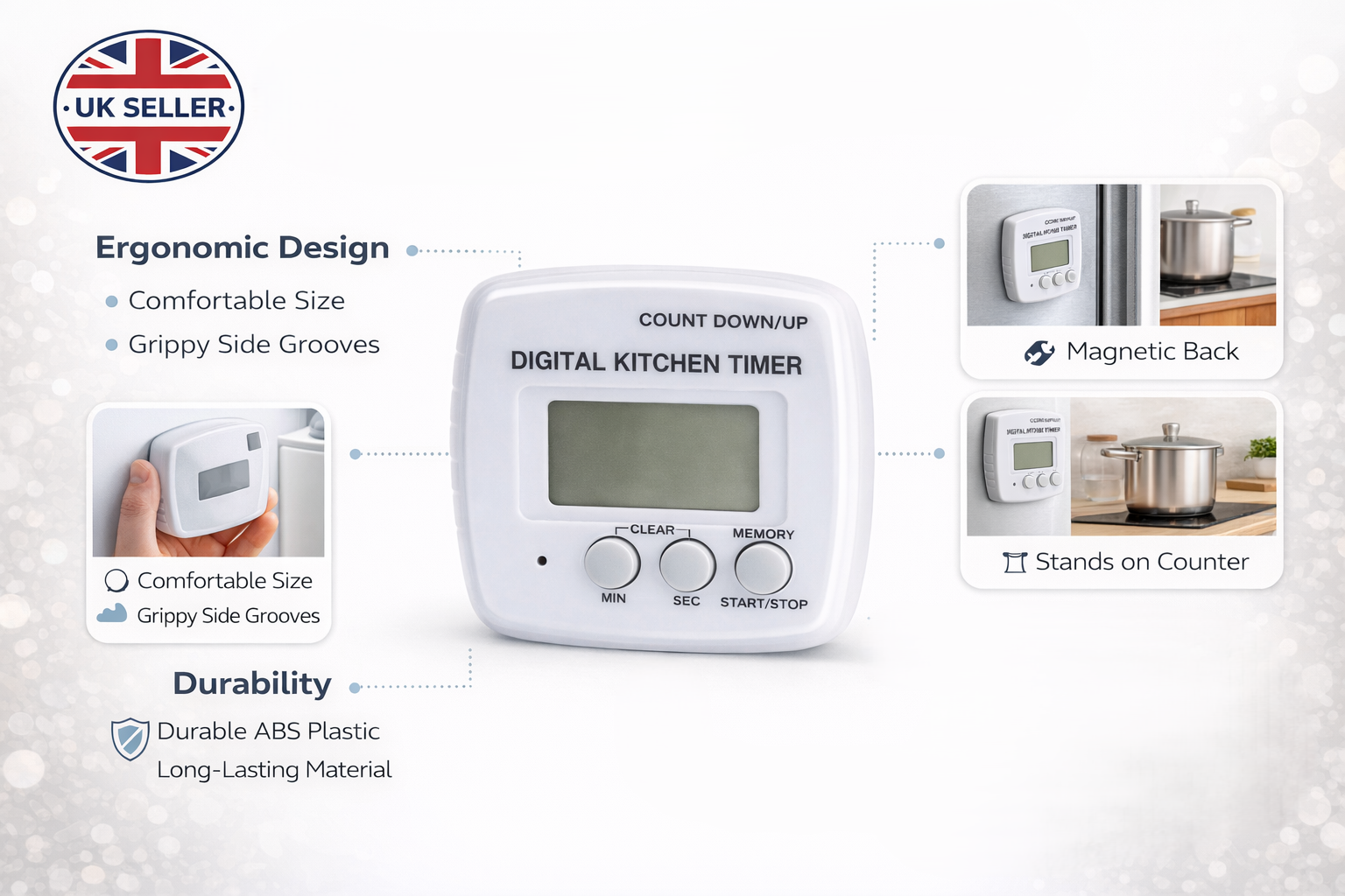 Digital Kitchen Timer with Count Down & Count Up – LCD Display Memory Function Timer for Cooking & Baking