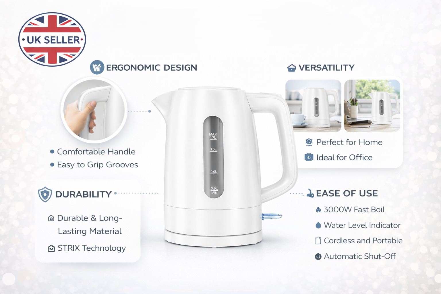 1.7L Cordless Electric Kettle with Water Level Window – Fast Boil, 360° Rotating Base, Available in Black & White – Ideal for Home, Office & Kitchen